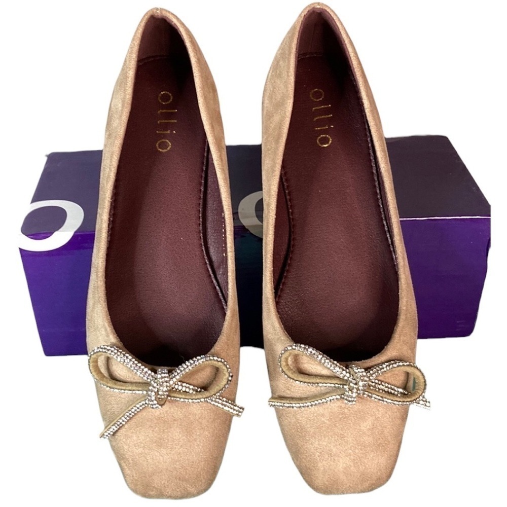 Ollio | NEW Tan Faux Suede Rhinestone Ribbon Ballet Flats 8.5